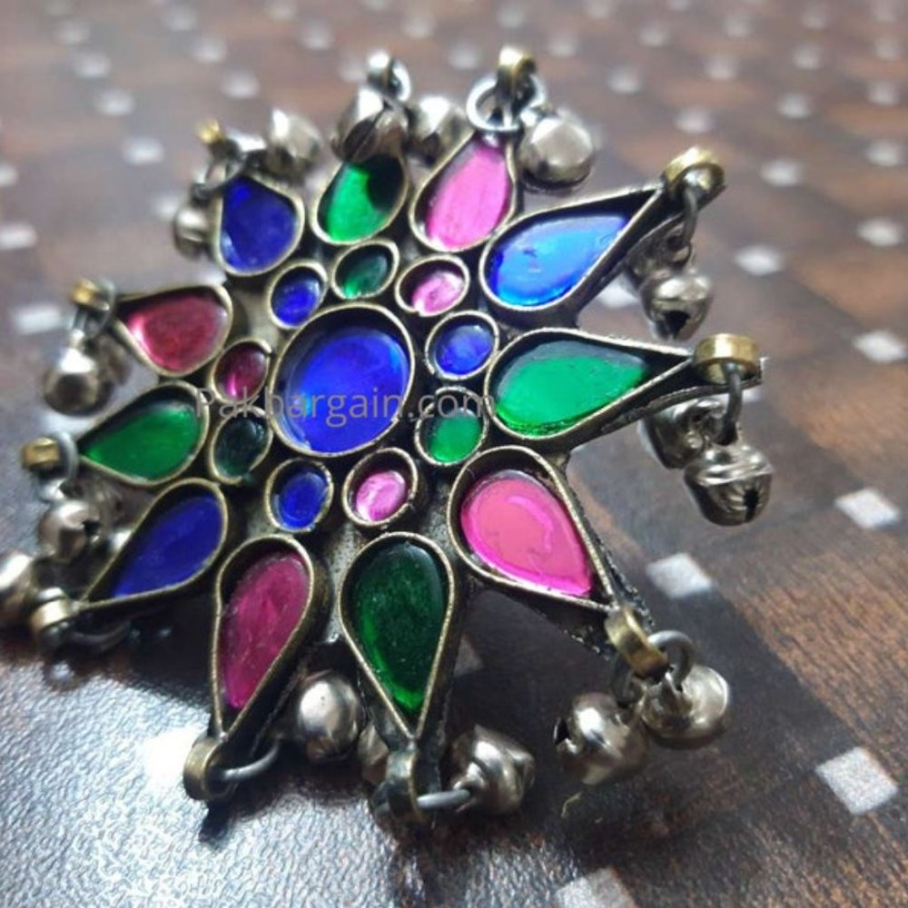 Glass Stone Ring With Dangling Silver Bells, Afghan Ethnic Ring, Massive Ring - Picture 2 of 5